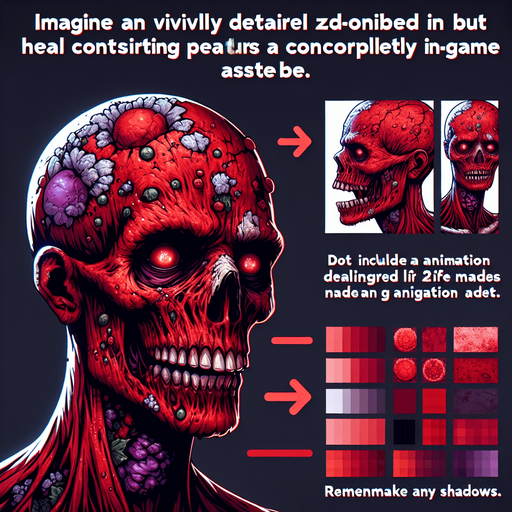 make a red animation style zombie but not realistic.
Single Game Texture. In-Game asset. 2d. Blank background. High contrast. No shadows.