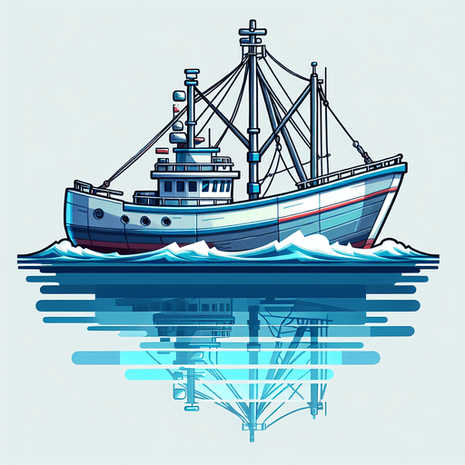 blue white color fishing ship.
Single Game Texture.  In-Game asset.  2d.  Blank background.  High contrast.  No shadows