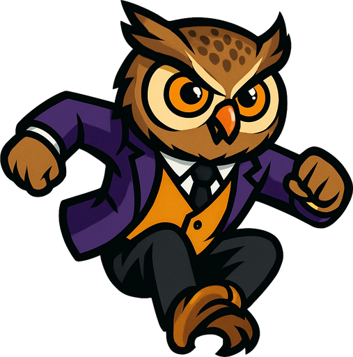 A stylized cartoon owl mascot with a sharp business suit, resembling a professional professor or detective. The owl has large expressive orange eyes, a speckled brown head, and detailed feathers. Its body is in mid-jump pose as if performing a parkour leap, arms slightly bent for momentum, legs tucked upward. The style is clean 2D vector art with high contrast, no shadows, and vibrant colors. Purple blazer, golden vest, black tie remain consistent. Background is blank. Focus on dynamic motion and confident energy, game-ready sprite texture.