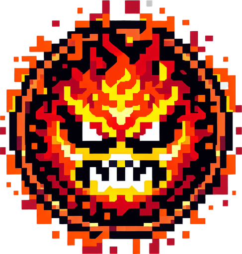 yuzu olan kizqin bir ates topu sinirli yakici ve pixelart.
Single Game Texture.  In-Game asset.  2d.  Blank background.  High contrast.  No shadows
