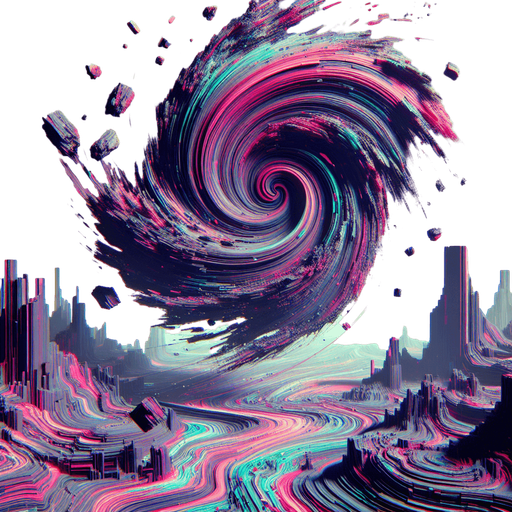 Backdrop: A warped reality scene with twisting, fragmented terrain and a swirling vortex in the background.

Colors: Deep purples, neon pinks, and electric greens.

Details: Fractured floating rocks and glitch-like patterns..
Single Game Texture. In-Game asset. 2d. Blank background. High contrast. No shadows.