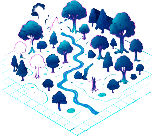 Top down isometric anime cyberpunk forest neon map grid hologram projection