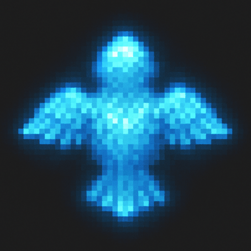 "Top-down 2D pixel art of a bird, viewed from a perfect 90-degree angle directly overhead (true bird’s-eye view), facing away from the viewer (back view). A glowing blue aura. The entire character appears as a semi-transparent blue hologram, glowing slightly with a futuristic shimmer. The lighting is soft and ambient, suitable for a fantasy RPG game. Style is classic 16-bit RPG pixel art, SNES-era quality. Transparent background.".
In-Game asset.  2d.  High contrast.  No shadows