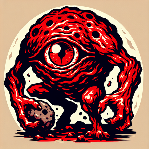 monster in flat shaded style. It has one eye, holding a stone in his hand. thick black outline, red color monster.
Single Game Texture.  In-Game asset.  2d.  Blank background.  High contrast.  No shadows