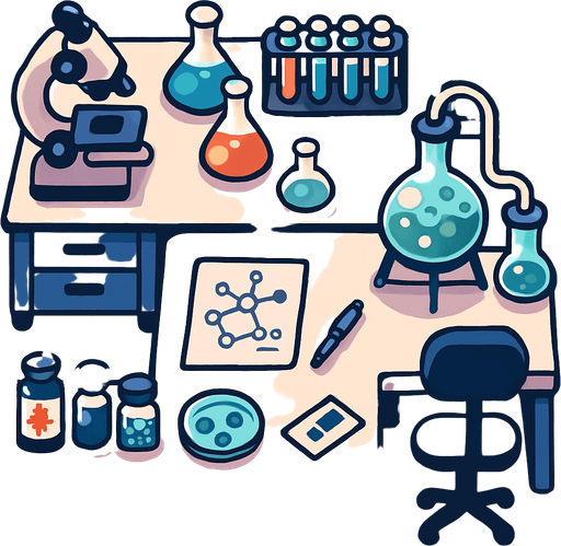 Vista desde arriba de un laboratorio.
In-Game asset.  2d.  High contrast.  No shadows