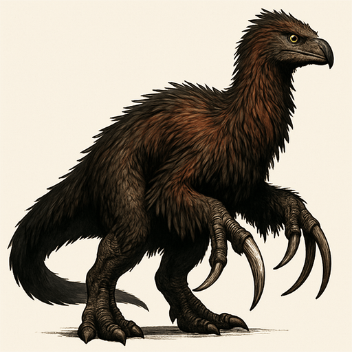 A realistic Therizinosaurus dinosaur covered in long, shaggy feathers with colors blending dark brown, black, and hints of rusty red. The feathers are especially thick on the neck, back, and arms, giving it a bird-like, primal appearance. Its long, powerful arms end in enormous, curved claws that are glossy and sharp. The small head has a beaked mouth and alert yellow eyes. The legs and tail show patches of scaly skin beneath the feather covering. The stance is slightly hunched, emphasizing its unusual shape and intimidating size..
In-Game asset.  2d.  High contrast.  No shadows
