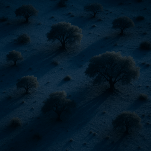 Photorealistic desert trees at night, bird view