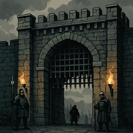 A massive medieval stone gate with iron portcullis, guards watching travelers, torches burning in brackets, heavy clouds above, realistic.
In-Game asset.  2d.  High contrast.  No shadows
