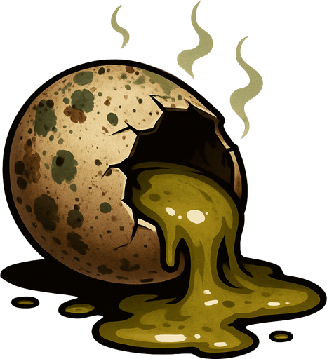 A high-resolution digital illustration of a rotten egg cracked open on one side, oozing a viscous, yellowish-green yolk and albumen. The shell is mottled with dark brown and green mold spots, with wisps of faint greenish gas rising. Textured detail on the shell’s rough, pitted surface, with subtle drips and splatters. Moody, low-key side lighting casts dramatic shadows and highlights the glossy, decaying textures. Semi-realistic style.
In-Game asset.  2d.  High contrast.  No shadows