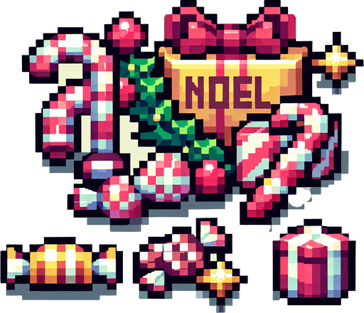 pixel candy noel.
Single Game Texture. In-Game asset. 2d. Blank background. High contrast. No shadows.