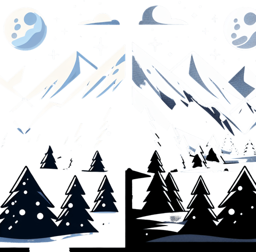 Mountain valley with snowy trees. Scenic view. Nighttime. Cartoon. Black background. New moon
Single Game Texture. In-Game asset. 2d. Blank background. High contrast. No shadows.