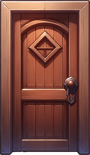 Uma Porta de madeira para frente com machaneta marrrom..
Single Game Texture. In-Game asset. 2d. Blank background. High contrast. No shadows.