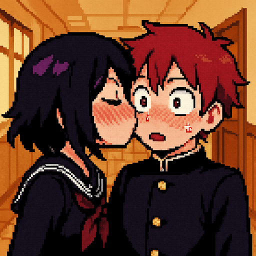 A cute anime-style girl with an emo aesthetic, striking purple eyes, and dressed in a traditional Japanese school uniform (sailor fuku), suddenly gives an unexpected kiss on the lips to a sweet red-haired boy with deep crimson eyes, wearing a classic gakuran school uniform. As she kisses him, her cheeks are deeply flushed, while he, also blushing, wears a look of shock and disbelief — not only was the kiss completely unprompted, but it’s also the very first time anyone has ever kissed him. Behind them stretches a Japanese school hallway, all rendered in a charming Pixel Art style.