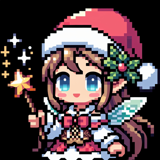 a cute little fairy standing with a santa hat and a magic wand Single Game Texture. In-Game asset. 2d. Blank background. High contrast. No shadows.
