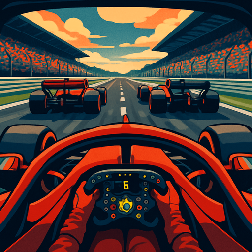formula 1 start line Only two vehicles in front (from the driver's perspective inside the car).(Don't let the lights show) in the ferrari car. (look like a quality animation)
. High contrast.