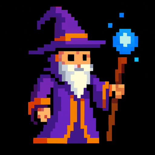 piksel büyücü.
In-Game asset.  2d.  High contrast.  No shadows