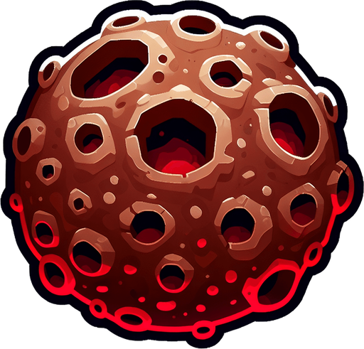 create a brown asteroid with red holes.
Single Game Texture.  In-Game asset.  2d.  Blank background.  High contrast.  No shadows