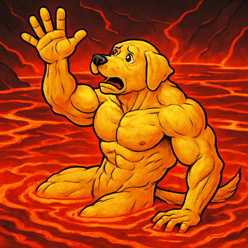 Super buff Golden dog with a hand up laying falling in lava holding his hand out for help. full body. Facing right.
2d.