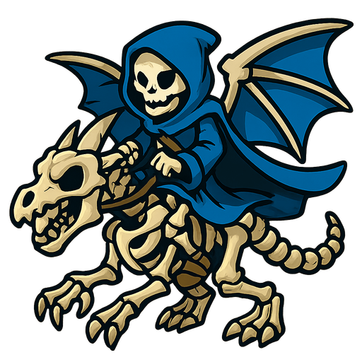 Skeleton with a blue hoodie and cape riding a skeleton dragon.
In-Game asset.  2d.  High contrast.  No shadows
