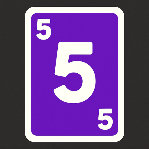 Rectangular card numbered 5, with a white border around it and a purple background..
In-Game asset.  2d.  High contrast.  No shadows