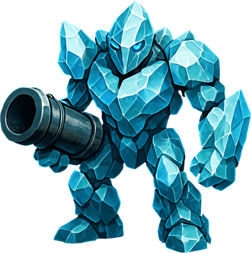 un golem de cristal muy realista con un cañon en la mano.
In-Game asset.  2d.  High contrast.  No shadows