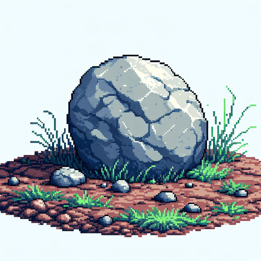 Pixel art boulder with dirt and blades of grass around the bottom. No ground or background.
Single Game Texture. In-Game asset. 2d. Blank background. High contrast. No shadows.