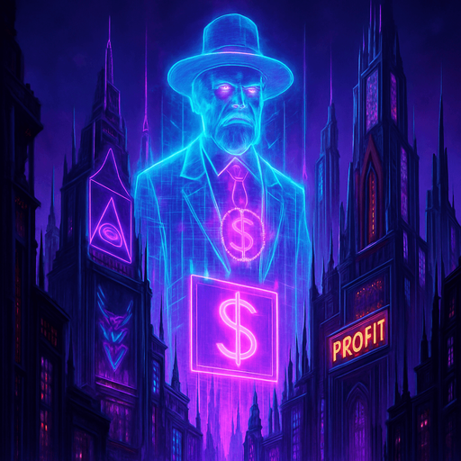 Neon cyberpunk skyscraper occult capitalist 3d hologram billboards futuristic elaborate architecture multidimensional towering city spires glowing