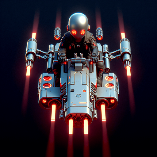 A thin robot with goggles riding a hover-bike. Twin blaster guns mounted on front. Top down view. Birds Eye view. Cyberpunk with red glowing highlights...
Single Game Texture. In-Game asset. 2d. Blank background. High contrast. No shadows.