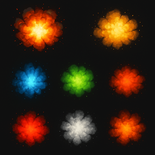 VFX pack of different explosions particles. Different colors. HD colors. ellipse. circle
In-Game asset.  3d.  High contrast.  No shadows