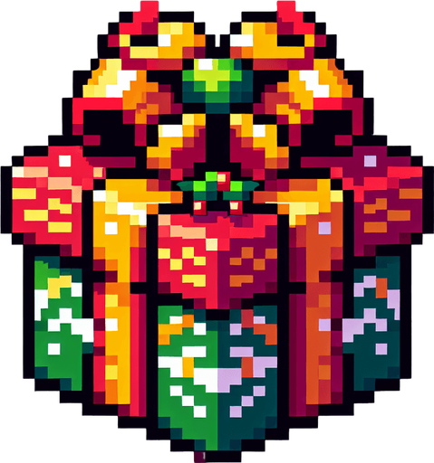 pixeled Christmas present Single Game Texture. In-Game asset. 2d. Blank background. High contrast. No shadows.