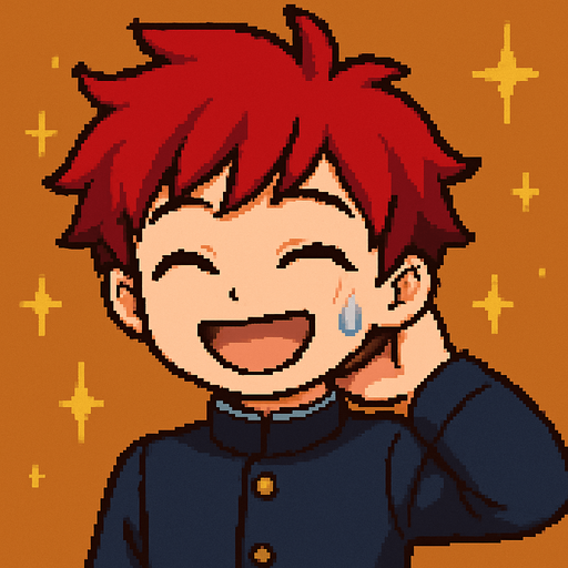 A kawaii anime boy scratches the back of his neck while laughing with his eyes closed, as a bead of sweat runs down his cheek