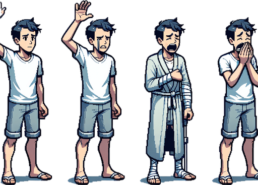 create a spritesheet of a person with his hand up, and also another sprite with his hand down with the pose as if he was breaking something, and a sprite of him crying with his injured hand. also make a sprite of him with his mouth open.. Single Game Texture. In-Game asset. 2d. Blank background. High contrast. No shadows.
Single Game Texture.  In-Game asset.  2d.  Blank background.  High contrast.  No shadows