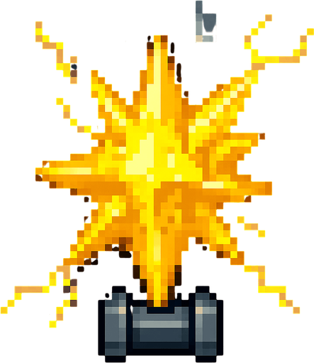 top down pixel art, energy crystal, yellow, spiky, charged, held on all sides by sci fi metal clamps
In-Game asset.  2d.  High contrast.  No shadows
