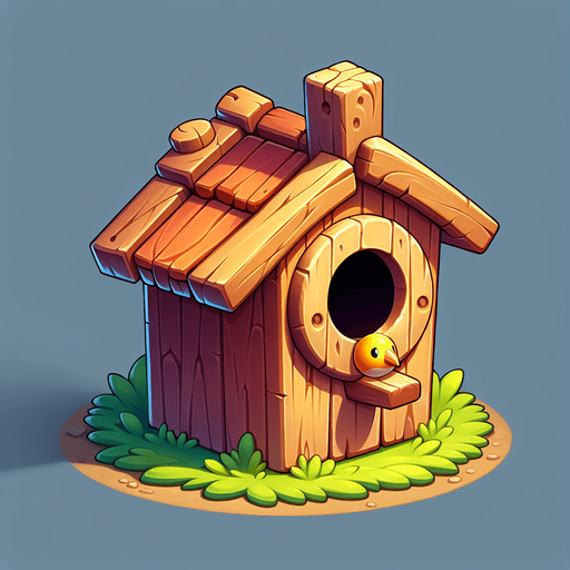 Make a cartoon-style birdhouse obstacle for a helicopter game. The birdhouse should have a wood texture, a circular hole, a tiny roof, and bright colors. Optionally add a little cartoon bird peeking out..
Single Game Texture.  In-Game asset.  2d.  Blank background.  High contrast.  No shadows