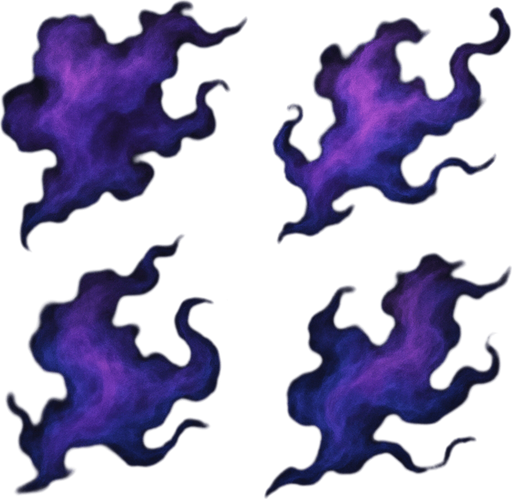 Wispy, gas-like particles

```
- Shape: Irregular, cloud-like with flowing tendrils
- Colors: Purple (#8844FF), magenta (#FF44AA), blue (#4488FF)
- Opacity: 60-80% at center, fading to transparent
- Texture: Soft, organic, slightly mottled
- Multiple variants: 3-4 different shapes for variety.
In-Game asset.  2d.  High contrast.  No shadows