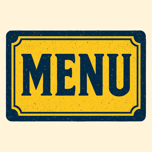 Menu yazan yatay bir resim oluştur . Arka Planı olmasın . Sarı Lacivert bir resim olsun.  retro temada olsun.
In-Game asset.  2d.  High contrast.  No shadows