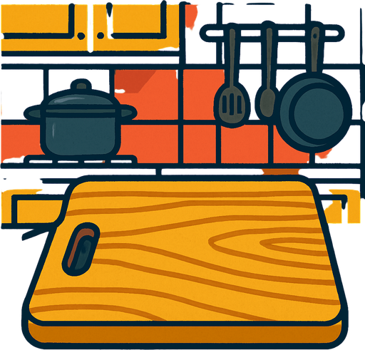 a chopping board with a kitchen background.
In-Game asset.  2d.  High contrast.  No shadows