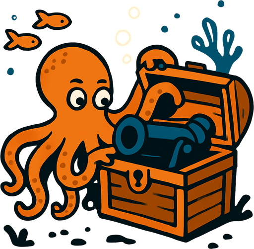 un pulpo naranja abriendo un cofre del tesoro donde encuentra en el fondo marino dentro de ese cofre un cañon nergro donde.
In-Game asset.  2d.  High contrast.  No shadows