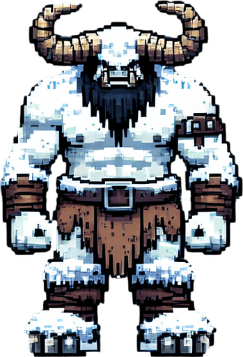 A winter horned ogre enemy character. pixelart. front view.. Single Game Texture. In-Game asset. 2d. Blank background. High contrast. No shadows.
