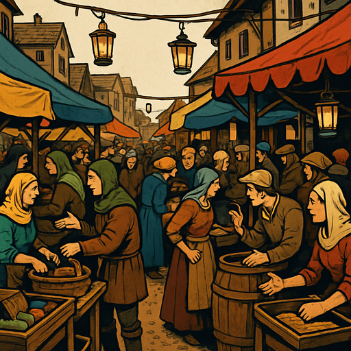 A crowded medieval street market with colorful tents, villagers bargaining, hanging lanterns, dirt road and wooden stalls, lively and rustic, realistic.
In-Game asset.  2d.  High contrast.  No shadows