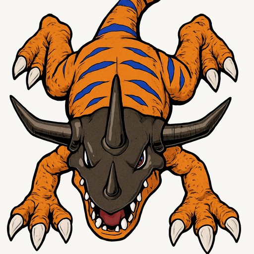 Greymon, visto desde arriba, detalles altos sin errores.
In-Game asset.  2d.  High contrast.  No shadows