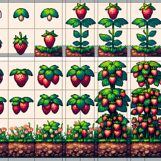 A spritesheet showing a strawberry plant in various stages of germantion, from seed over sapling and to full grown plant with ripe strawberries. The sprites should be laid out in a rectangular grid with blank space between them..
Single Game Texture. In-Game asset. 2d. Blank background. High contrast. No shadows.
