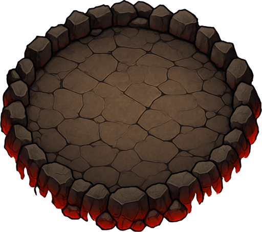 bird's eye view of a round rocky arena surrounded by flames decorated with red lava.
In-Game asset.  2d.  High contrast.  No shadows