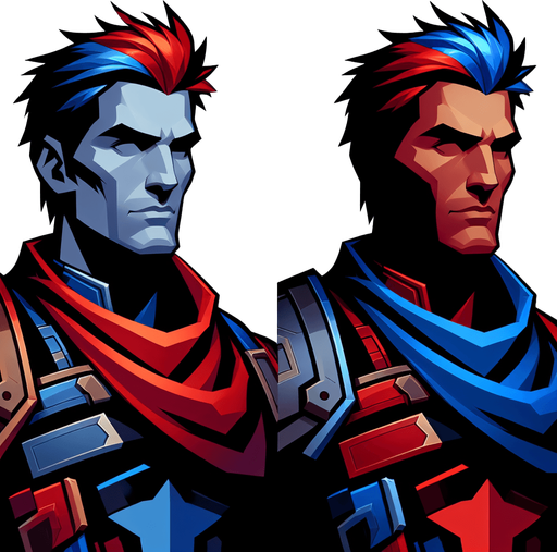 MG hero red and blu.
Single Game Texture.  In-Game asset.  2d.  Blank background.  High contrast.  No shadows