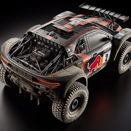 Photorealistic Cross-Country Dakar-Rally-Car from topback view.