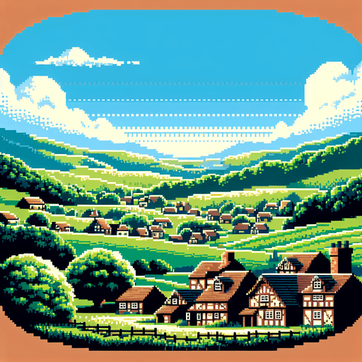 A 16 bit pixel art horizon line of a pastural hobbit village. A beautiful verdant village in the distance with rolling hills and blue skies.
Single Game Texture. In-Game asset. 2d. Blank background. High contrast. No shadows.