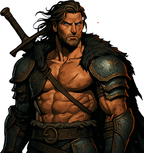A towering, hypermasculine medieval warrior standing heroically on a battlefield at dusk, clad in weathered steel armor with golden engravings, his broad chest exposed under a torn fur-lined cloak, muscles defined and glistening with sweat and blood. Long, slightly wavy dark brown hair flows in the wind, a rugged chiseled jawline with a trimmed beard, piercing ice-blue eyes filled with intensity. Scars on his shoulder and a massive greatsword resting on his back. Background features a stormy sky and burning ruins, a dramatic lighting highlighting the power in his posture. Cinematic, realistic, highly detailed, epic composition, moody atmosphere --realistic style, medieval fantasy, 4K, ultra-detailed, volumetric lighting. realistic.
In-Game asset.  2d.  High contrast.  No shadows