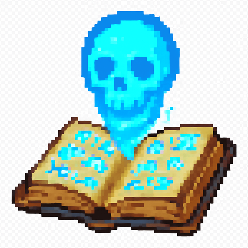 "2D pixel art of a glowing blue skull symbol emerging from an open magical spellbook. The spellbook has old, worn covers and glowing arcane runes on its pages. The skull symbol floats above the book, made of radiant blue magical energy, slightly transparent and softly glowingl. Style is classic 16-bit fantasy RPG pixel art. Transparent background.".
In-Game asset.  2d.  High contrast.  No shadows.
In-Game asset.  2d.  High contrast.  No shadows
