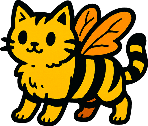 Chat (animal) a la fourrure couleur abeille et avec des ailes.
In-Game asset.  2d.  High contrast.  No shadows