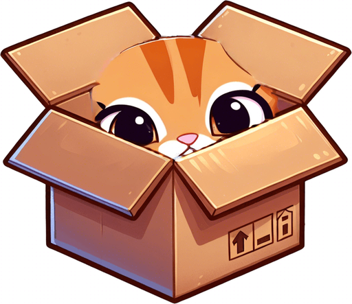cute Chibi ginger cat look from the box into the camera. Cheeky, happy.